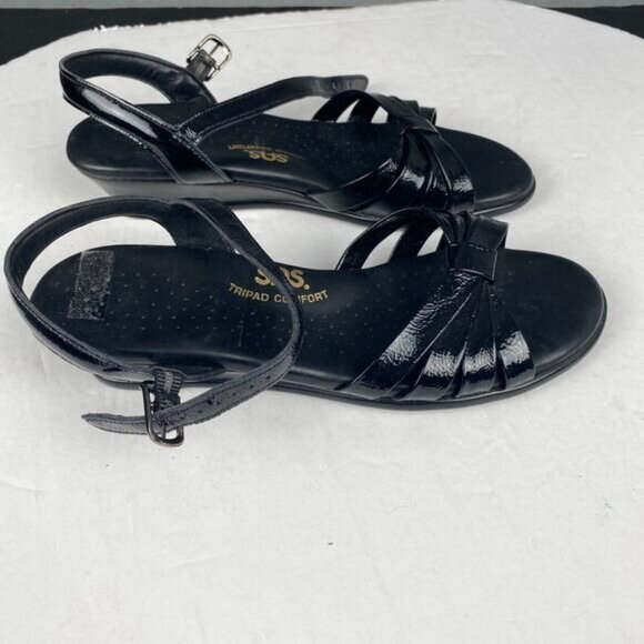 SAS Sandals Womens 6 Strippy Casual Open Toe Slingback Wedge Black Leather - Picture 12 of 13